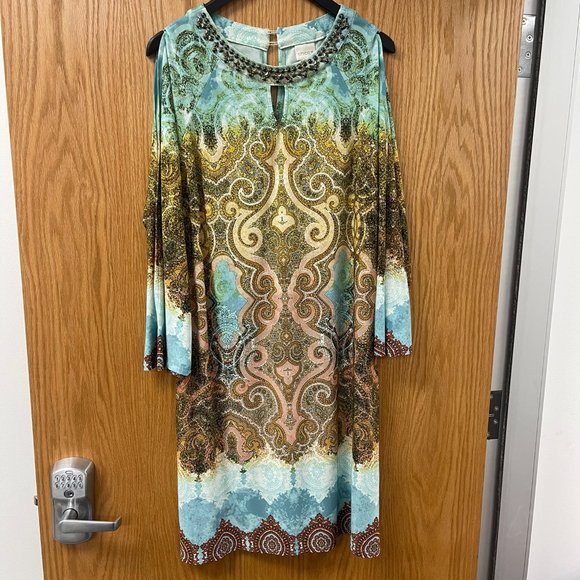 CHICO'S Blue Multi-Color Cold Shoulder Sleeve Dress with Beaded Collar Size 2 - Picture 1 of 4